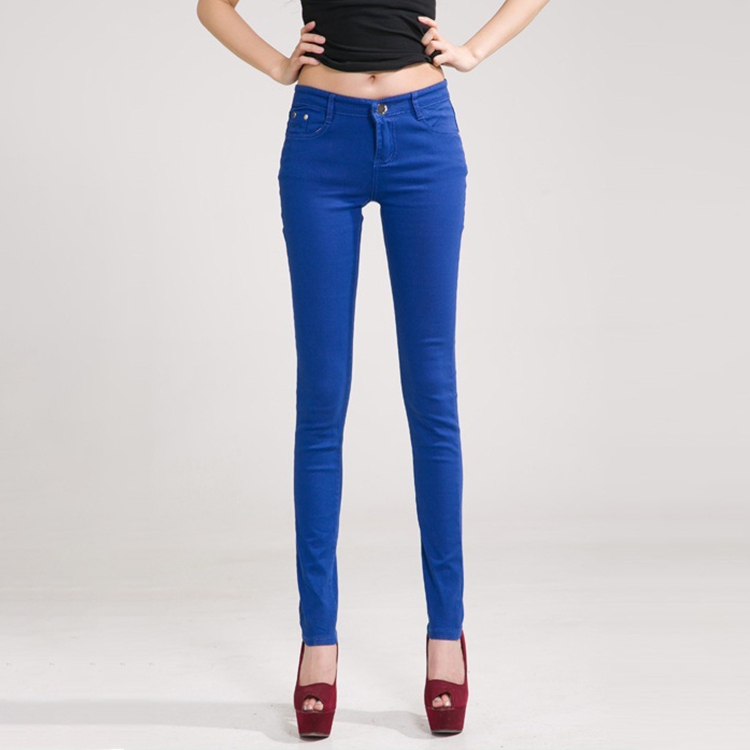 Calças justas elásticas de cintura média, jeans que emagrecem