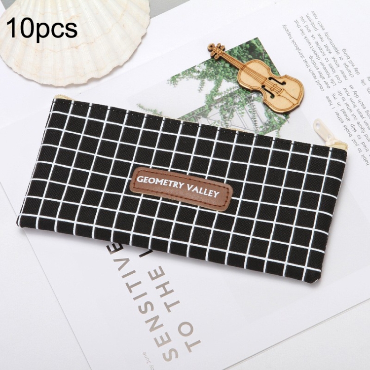 10pcs Simple Pencil Bag Canvas Student Stationery Bag Large Capacity Pencil  Bag(Black Grid)