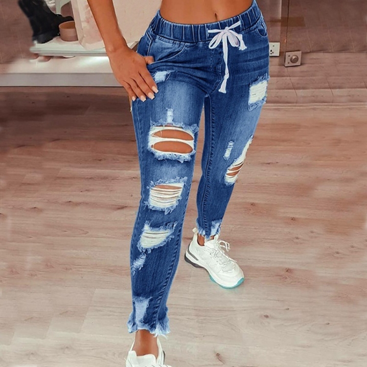 Calça jeans feminina cintura alta cintura alta rasgada calça com cadarço,  tamanho: M (azul marinho)