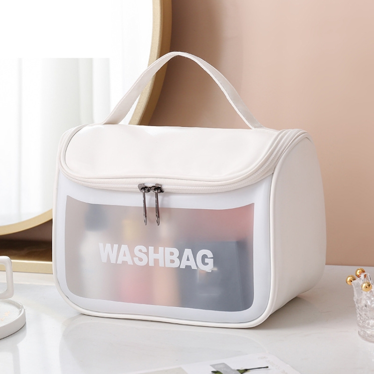 PVC Translucent Cosmetic Bag Frosted Toiletry Bag PU Flip Top Bath Bag (White)
