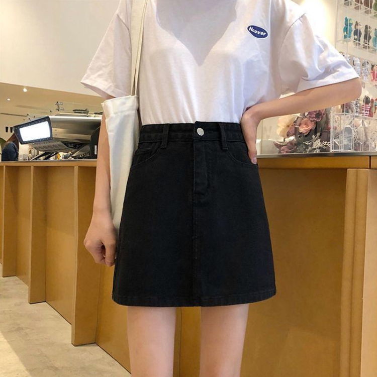 Women Slim Half-Body Skirt A-Type Package Hip Denim Short Skirt, Size:  S(Black)