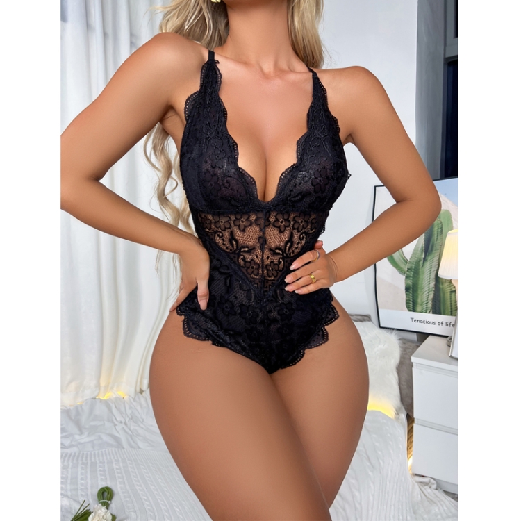  Satin Bodysuit for Women Lace Trim Sexy Deep V Neck Strappy  Teddy Lingerie Soft Comfy Backless Babydoll Pajamas Sleepwear Black:  Clothing, Shoes & Jewelry