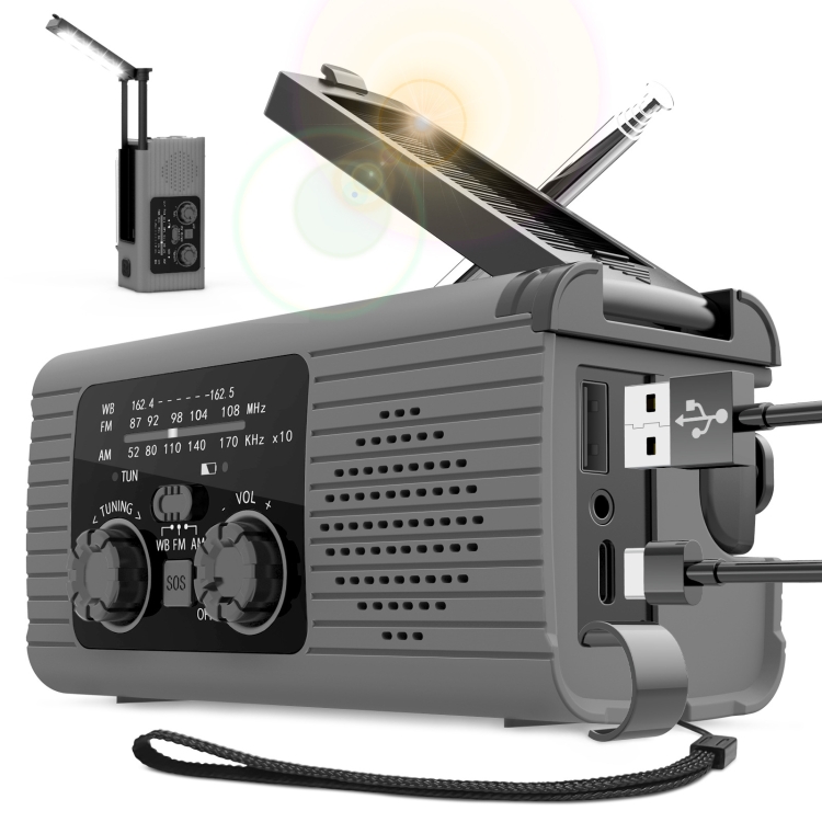 Multifonctionnel Portable AM FM NOAA Radio Météo Main Alimentation Solaire  Lampe de Poche LED d'urgence pour Mobilephone Recharge SOS Alarme 