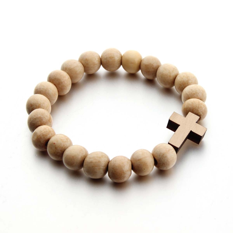 Handmade Round Wood Bead Cross Pendant Bracelet(True Color)