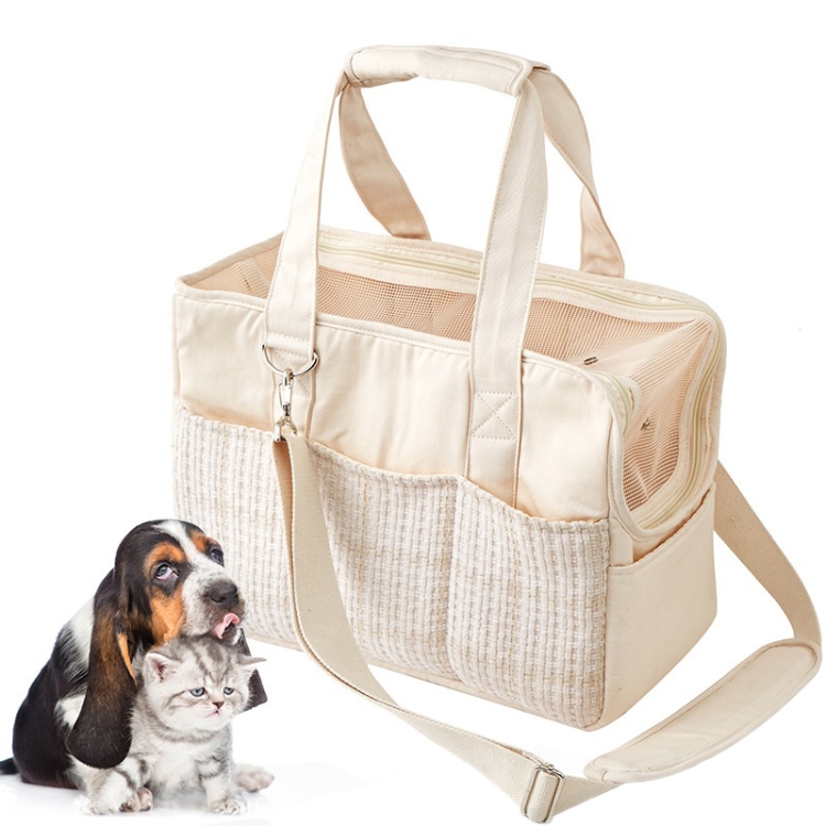 Borsa per gatti a tracolla portatile in tela di cotone (beige)