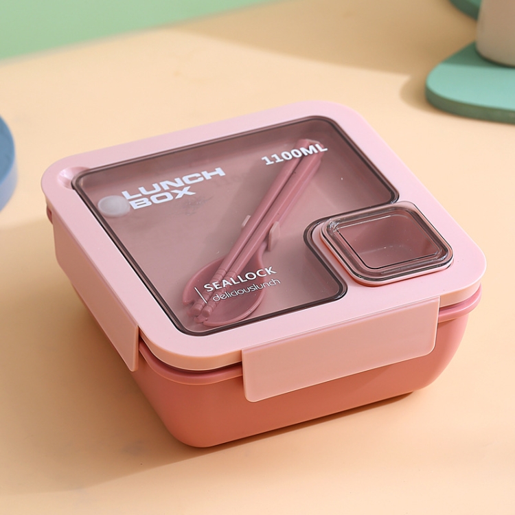 Bento Box ermetico quadrato per il pranzo, adatto al microonde, con  bacchette a cucchiaio (rosa)