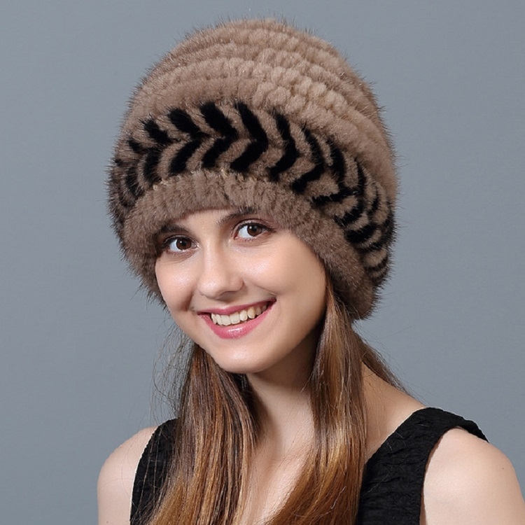 Light Brown+Black Women Winter Warm Bomber Hat Mink Fur Braided Hat