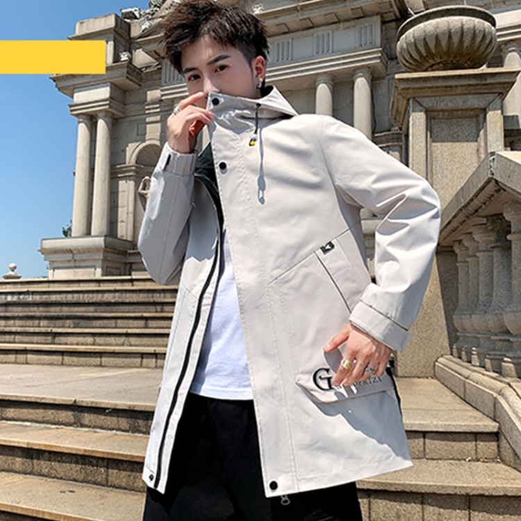 Men Casual Loose Hooded Top Trench Coat Color Beige White Size XXXXL