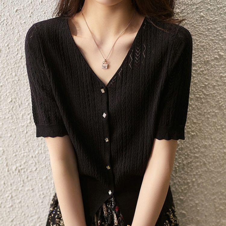 คอวี cutout แขนสั้นผ้าไหมน้ำแข็งถักเสื้อยืด (สี: สีดำขนาด: หนึ่งขนาด)