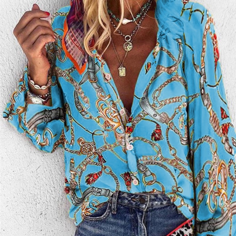 Women Printed Stand Collar Long Sleeve Casual Shirt (Color:Blue Size:S)