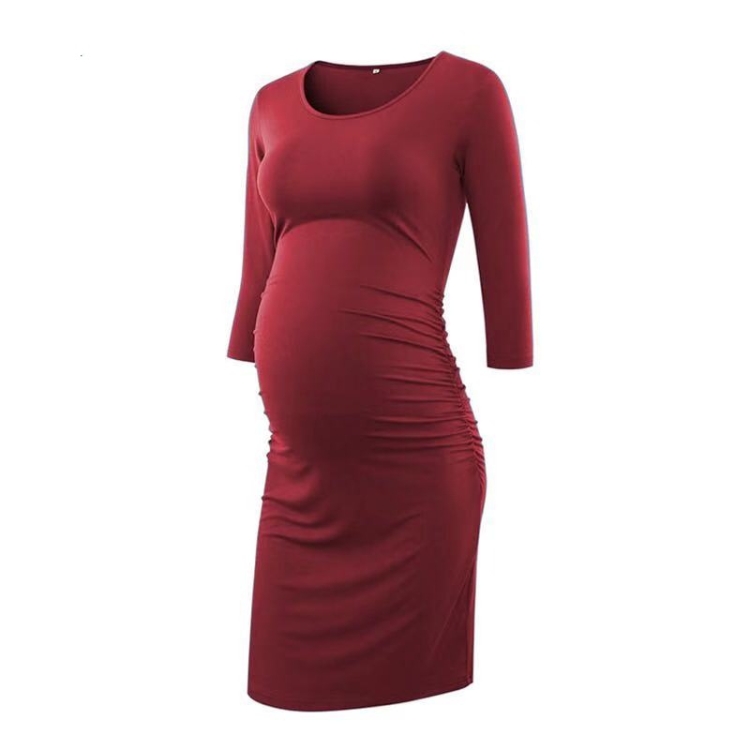 Vestido premamá sólido de manga larga con cuello redondo (Color: Rojo vino  Talla: XL)