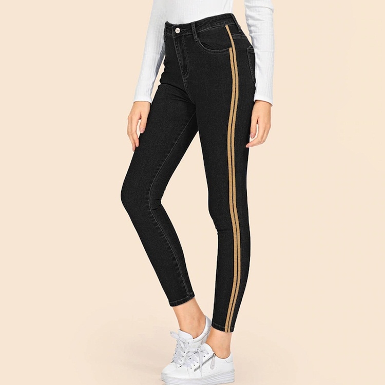 Side Stripe Denim Pants Elastic Feet 