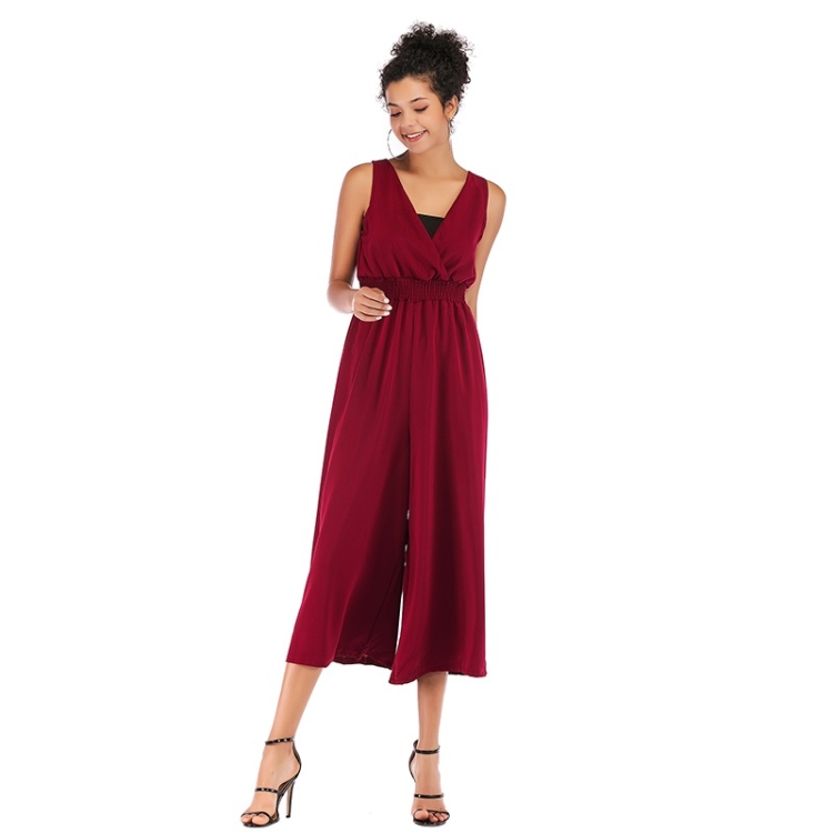 Summer Solid Color V-neck Waist Jumpsuit Loose Pants Ankle-length