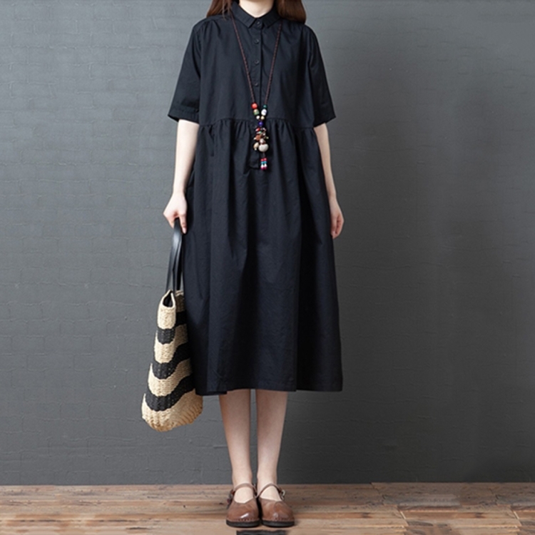 Summer Cotton Mid-length Loose Short-sleeved Shirt Dress for Women  (Color:Black Size:L)