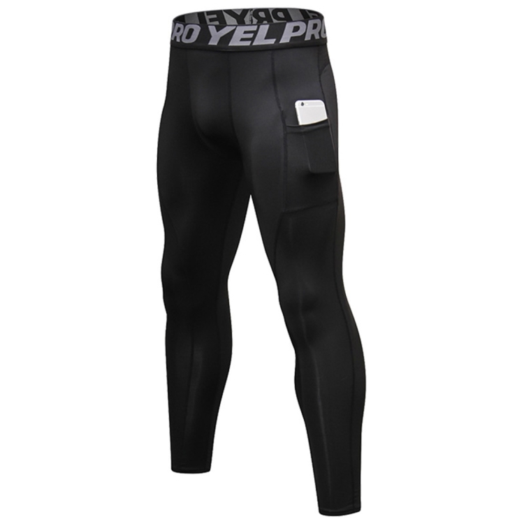 Running Training Sweat Wicking Stretch Tights With Pocket (Color:Black  Size:XXL)