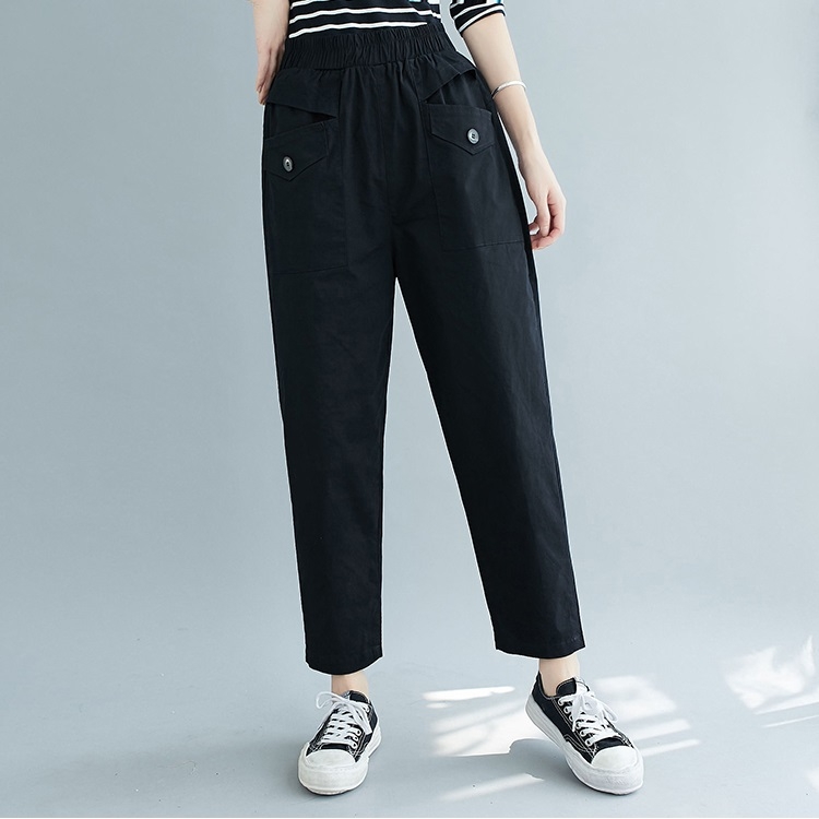 Plus Size Womens High Waist Loose Slim Cotton Casual Pants Harem Pants  (Color:Black Size:XL)