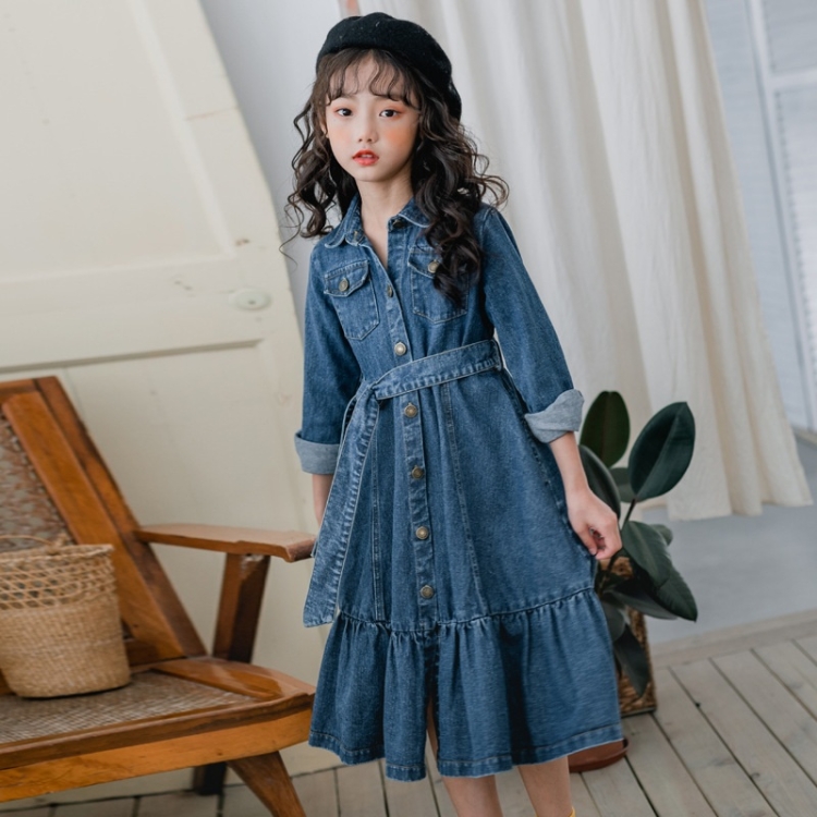 Vestido de mezclilla de manga larga casual de moda para niña (Color: Azul  Tamaño: 140 cm)