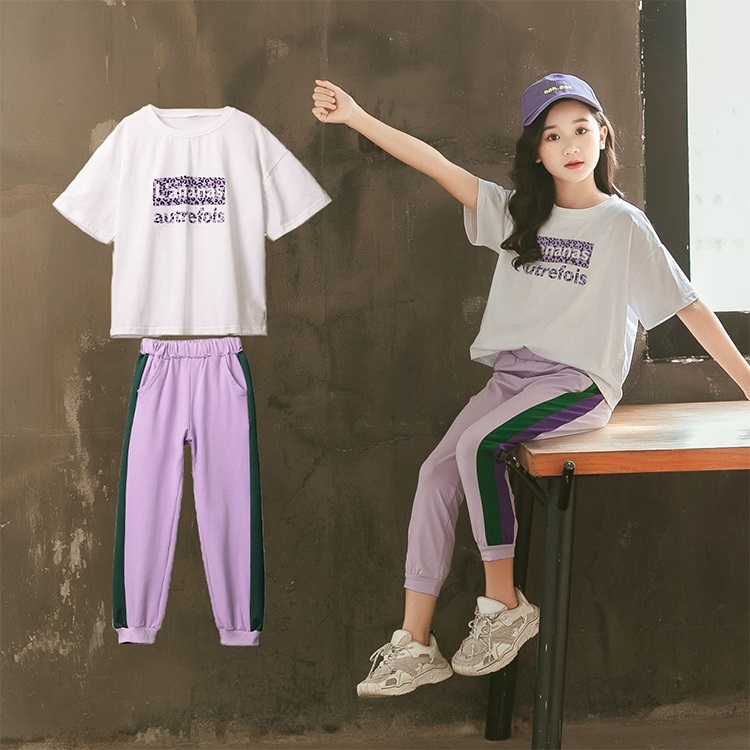 Girls Short-sleeved Blouse + Two-piece Casual Trousers (Color:White Clothes  And Purple Pants Size:110)