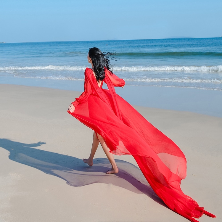 Vacaciones junto al mar Vestido de desierto de gran arrastre (color: rojo  Tamaño: s)