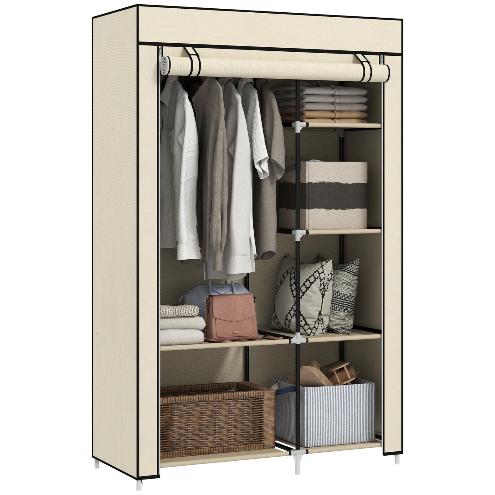 [EU Warehouse] Fabric wardrobe, storage solution, 6 shelves, 1 clothes rail, cream