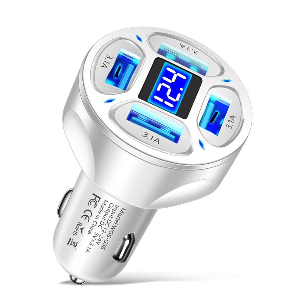 WGS-G36 3.1A 4 in 1 Digital Display Car Charger with Voltmeter (White) - Shopkiz.com