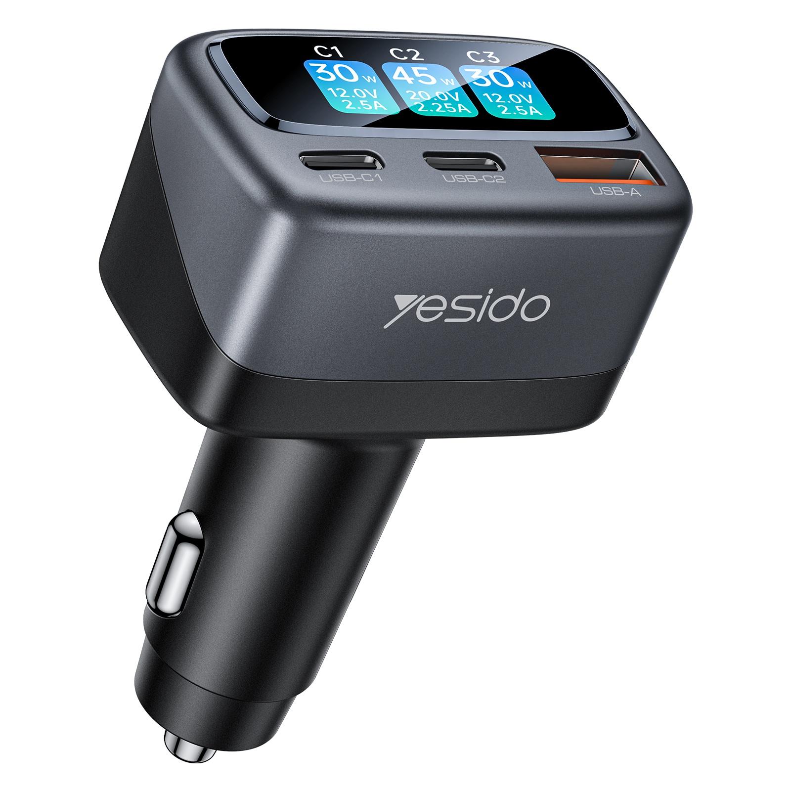 Yesido Y75 105W TFT Display Car Charger 3-Port 1 x USB-A & 2 x Type-C Fast Charging Car Adapter (Black) - Shopkiz.com