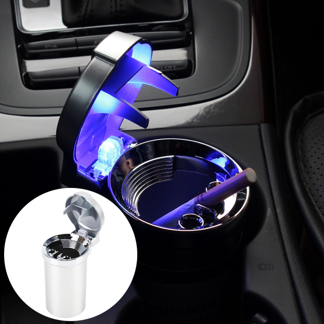 Universal Portable Heat Resistant ABS Component Car Auto Stainless Steel Trash Rubbish Bin Ashtray with High Brigtness LED for Most Car Cup Holder -