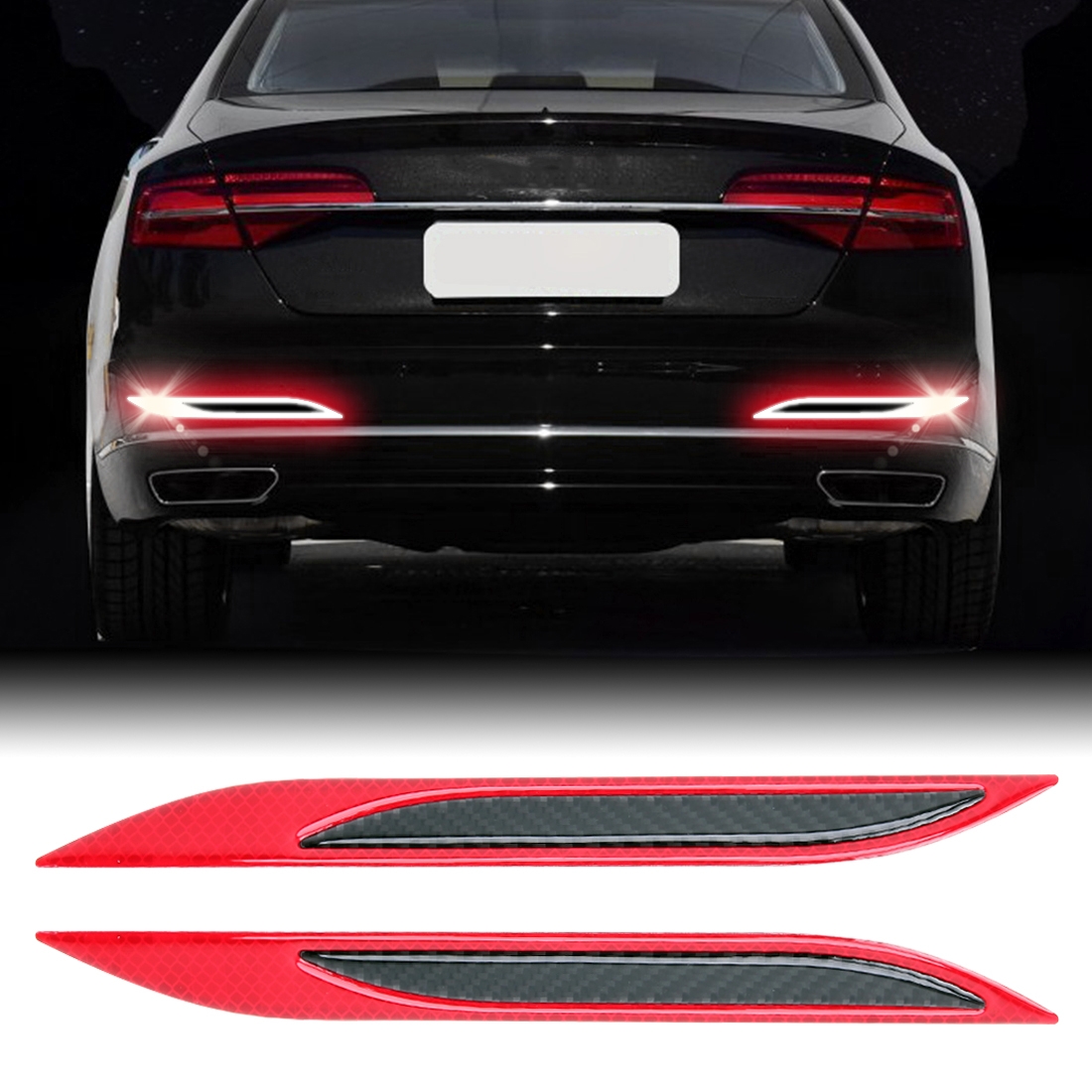 2 PCS Carbon Fiber Car-Styling Rear Bumper Decorative Strip, External Reflection + Inner Carbon Fiber(Red) - Shopkiz.com