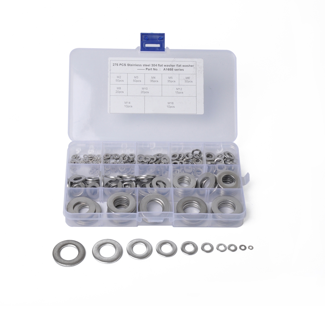 275 PCS Round Shape Stainless Steel Flat Washer Assorted Kit M2-M16 for Car / Boat / Home Appliance - Shopkiz.com