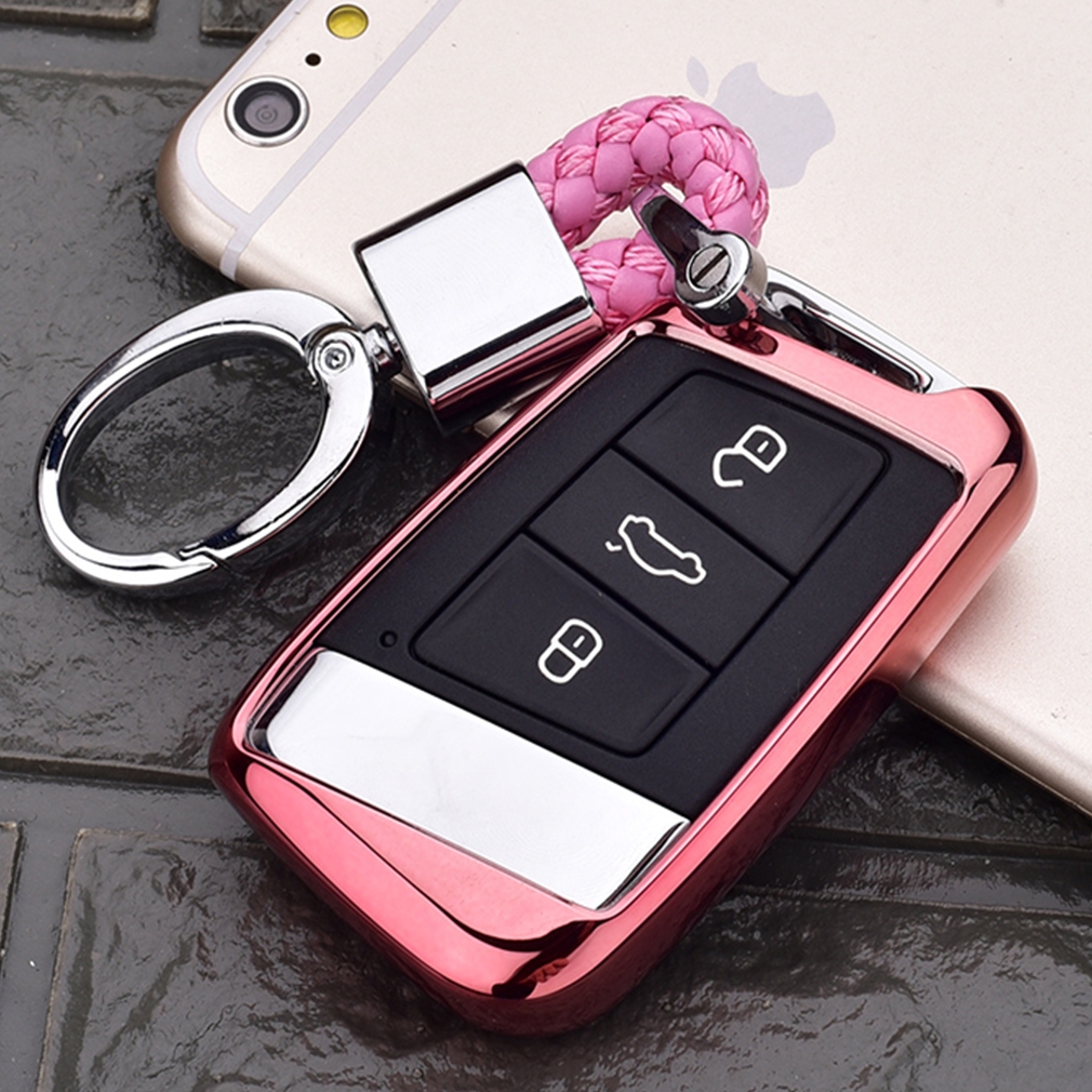 Electroplating TPU Single-shell Car Key Case with Key Ring for Volkswagen New Magotan / New Passat (Pink) - Shopkiz.com