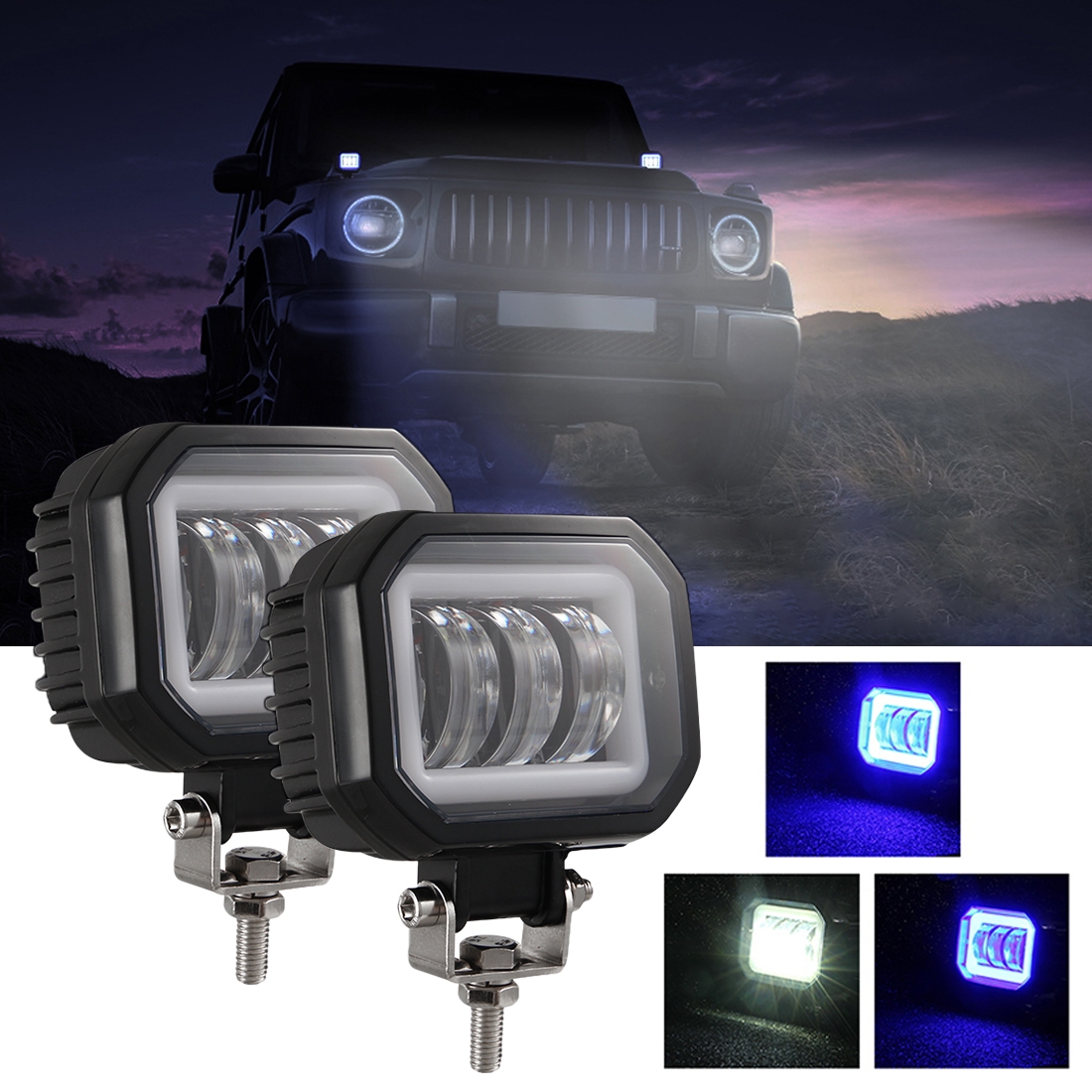 2 PCS Car 4 inch Square Spotlight Work Light with Angel Eyes (Blue Light) - Shopkiz.com
