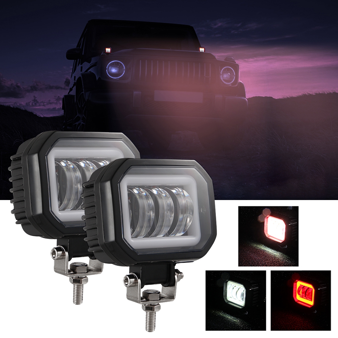 2 PCS Car 4 inch Square Spotlight Work Light with Angel Eyes (Red Light) - Shopkiz.com