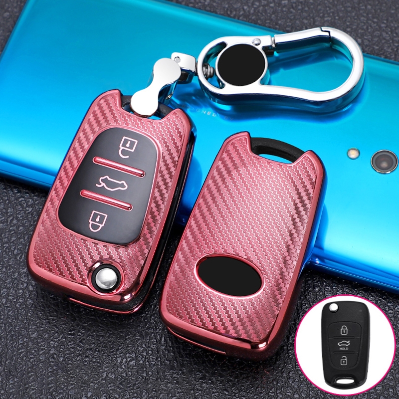 For KIA Folding 3-button Car TPU Key Protective Cover Key Case with Key Ring (Pink) - Shopkiz.com