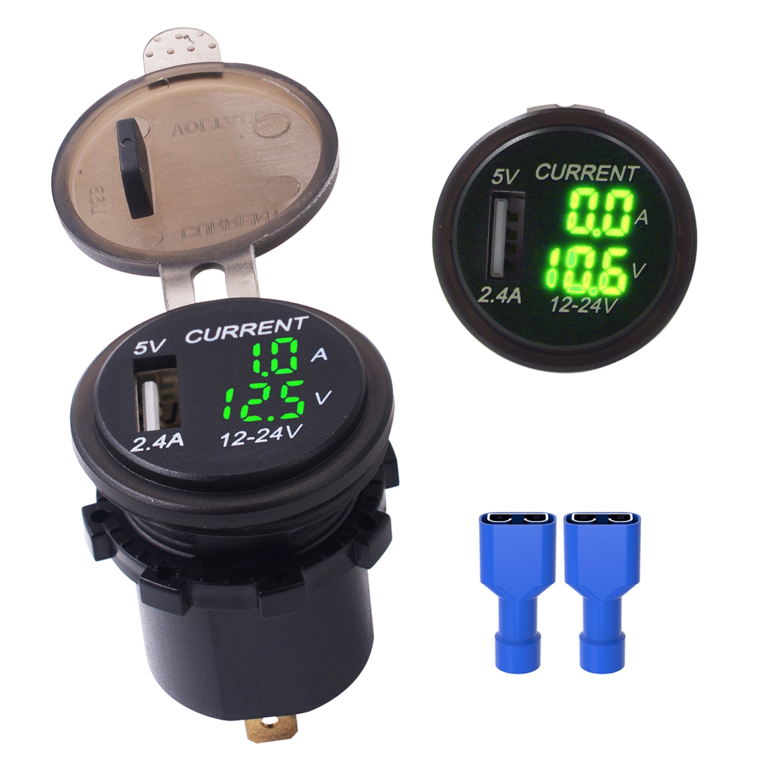 Universal Car Single Port USB Charger Power Outlet Adapter 2.4A 5V IP66 with LED Digital Voltmeter + Ammeter(Green Light) - Shopkiz.com