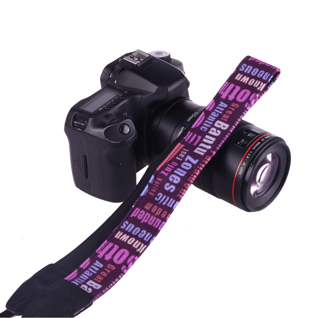 LYNCA LH-04 British Style Series Purple Background English Words Universal Genuine Leather Shoulder Neck Strap Camera Strap for Nikon / Canon / Sony