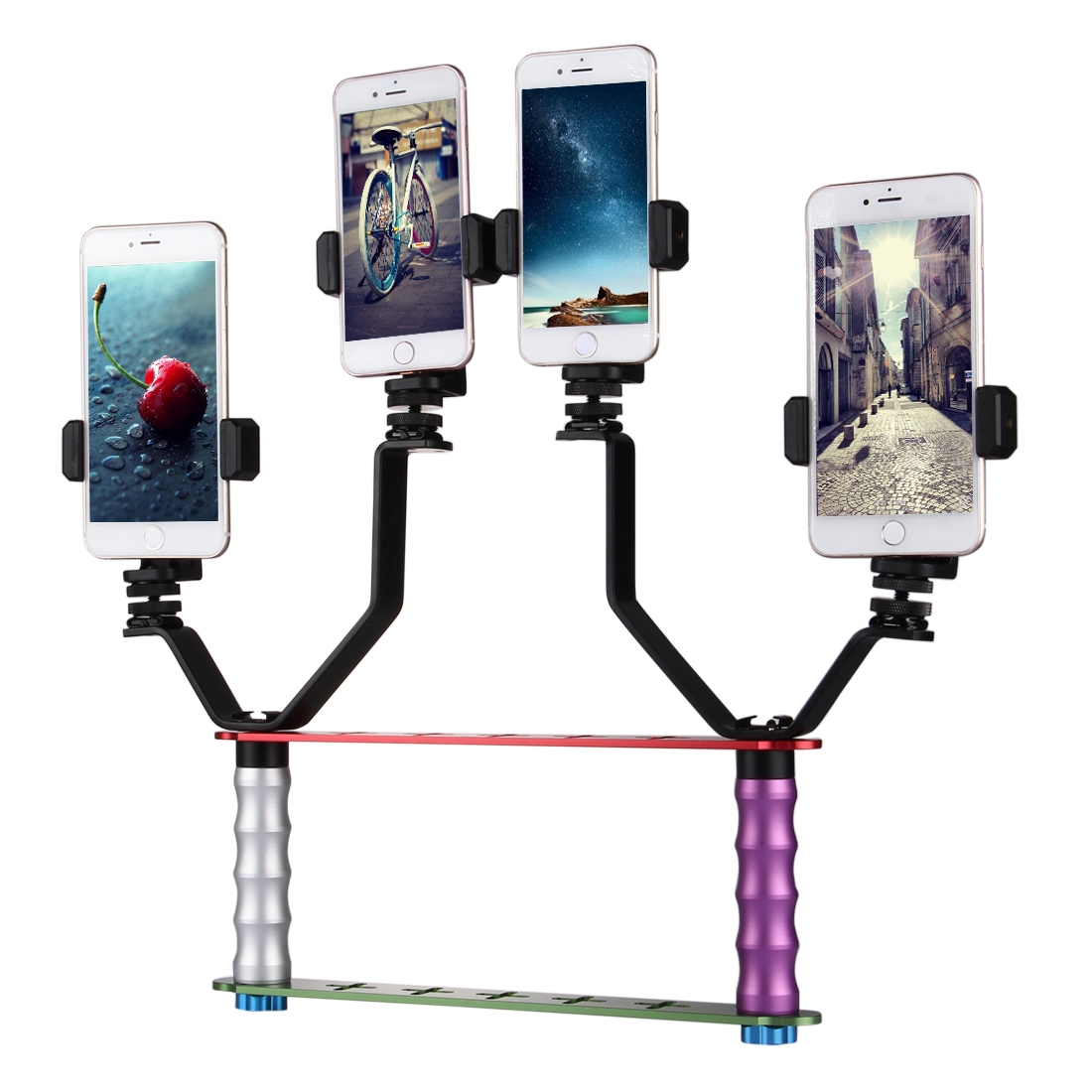 Smartphone Live Broadcast Bracket Dual Hand-held Selfie Mount Kits with 2x V-Bracket + 3x Phone Clips, For iPhone, Galaxy, Huawei, Xiaomi, HTC, Sony,