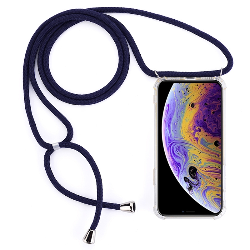 For iPhone X / XS Four-Corner Anti-Fall Transparent TPU Mobile Phone Case With Lanyard(Dark Blue) - Shopkiz.com
