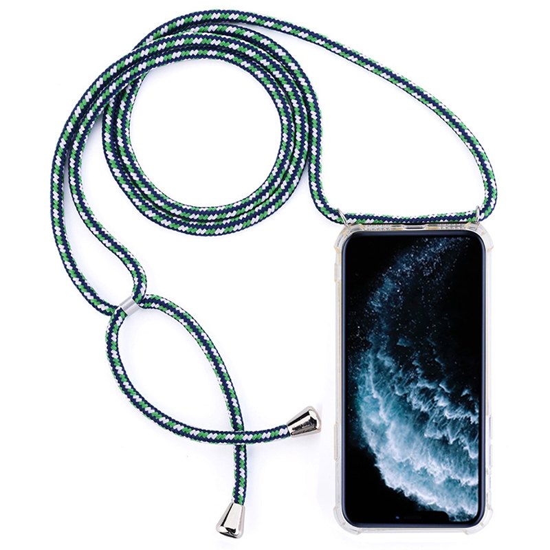 Four-Corner Anti-Fall Transparent TPU Mobile Phone Case With Lanyard for iPhone 11 Pro(Green White Blue) - Shopkiz.com