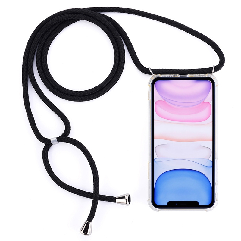 Four-Corner Anti-Fall Transparent TPU Mobile Phone Case With Lanyard for iPhone 11(Black) - Shopkiz.com
