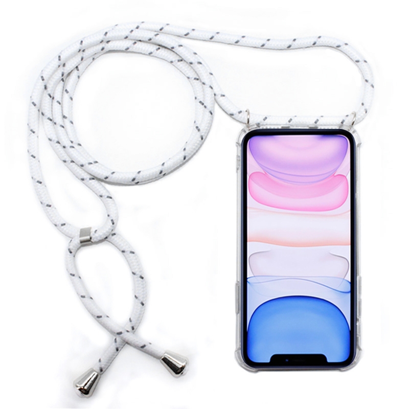 Four-Corner Anti-Fall Transparent TPU Mobile Phone Case With Lanyard for iPhone 11(White Grey) - Shopkiz.com
