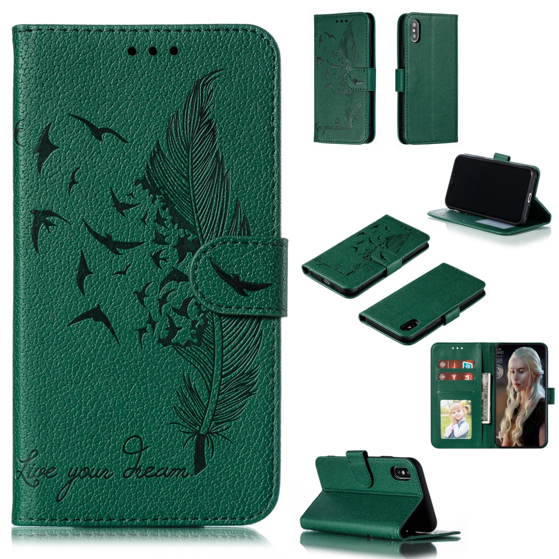 For iPhone X / XS Feather Pattern Litchi Texture Horizontal Flip Leather Case with Wallet & Holder & Card Slots(Green) - Shopkiz.com