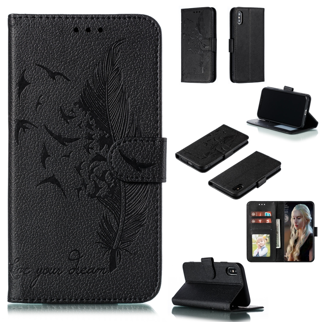 For iPhone X / XS Feather Pattern Litchi Texture Horizontal Flip Leather Case with Wallet & Holder & Card Slots(Black) - Shopkiz.com