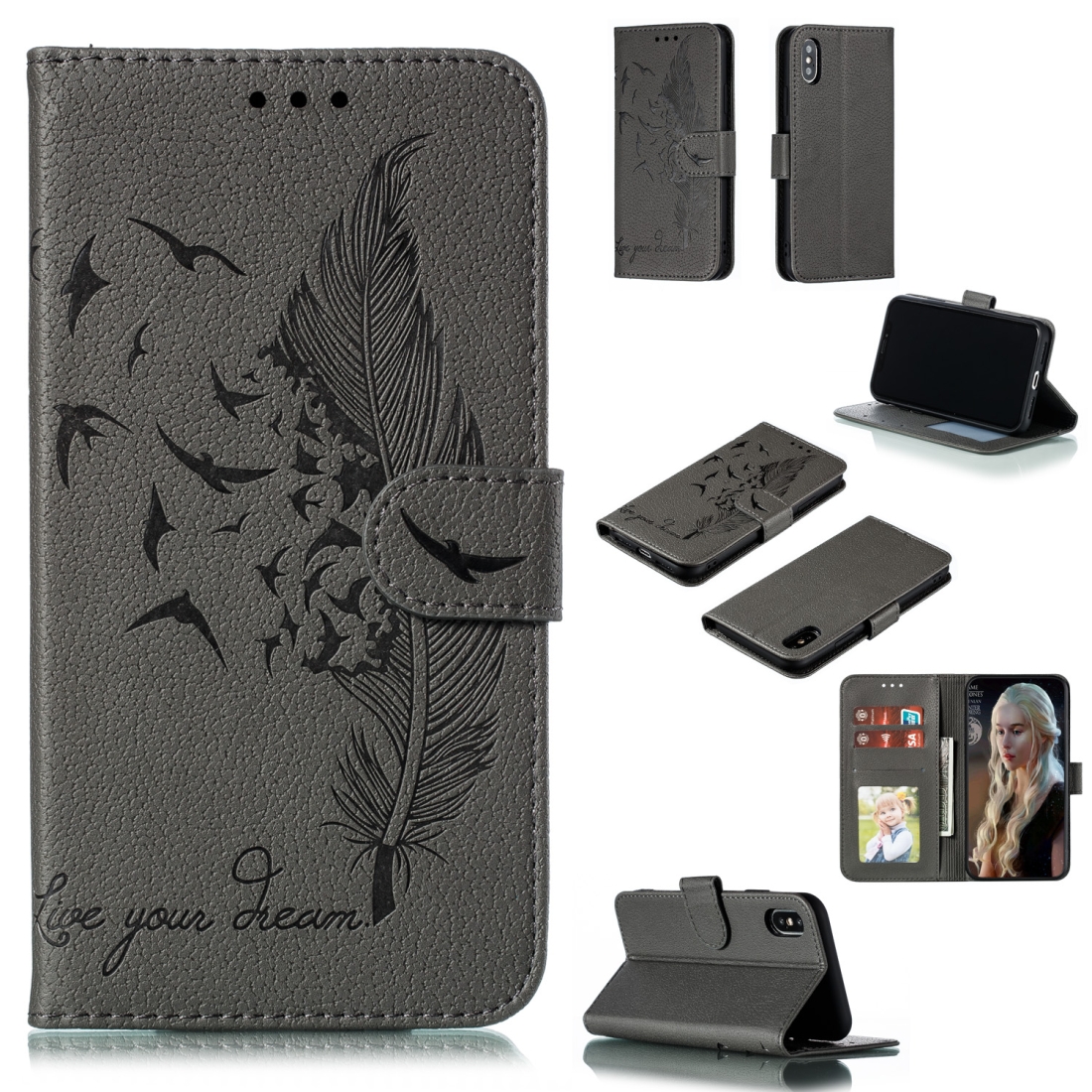For iPhone X / XS Feather Pattern Litchi Texture Horizontal Flip Leather Case with Wallet & Holder & Card Slots(Gray) - Shopkiz.com