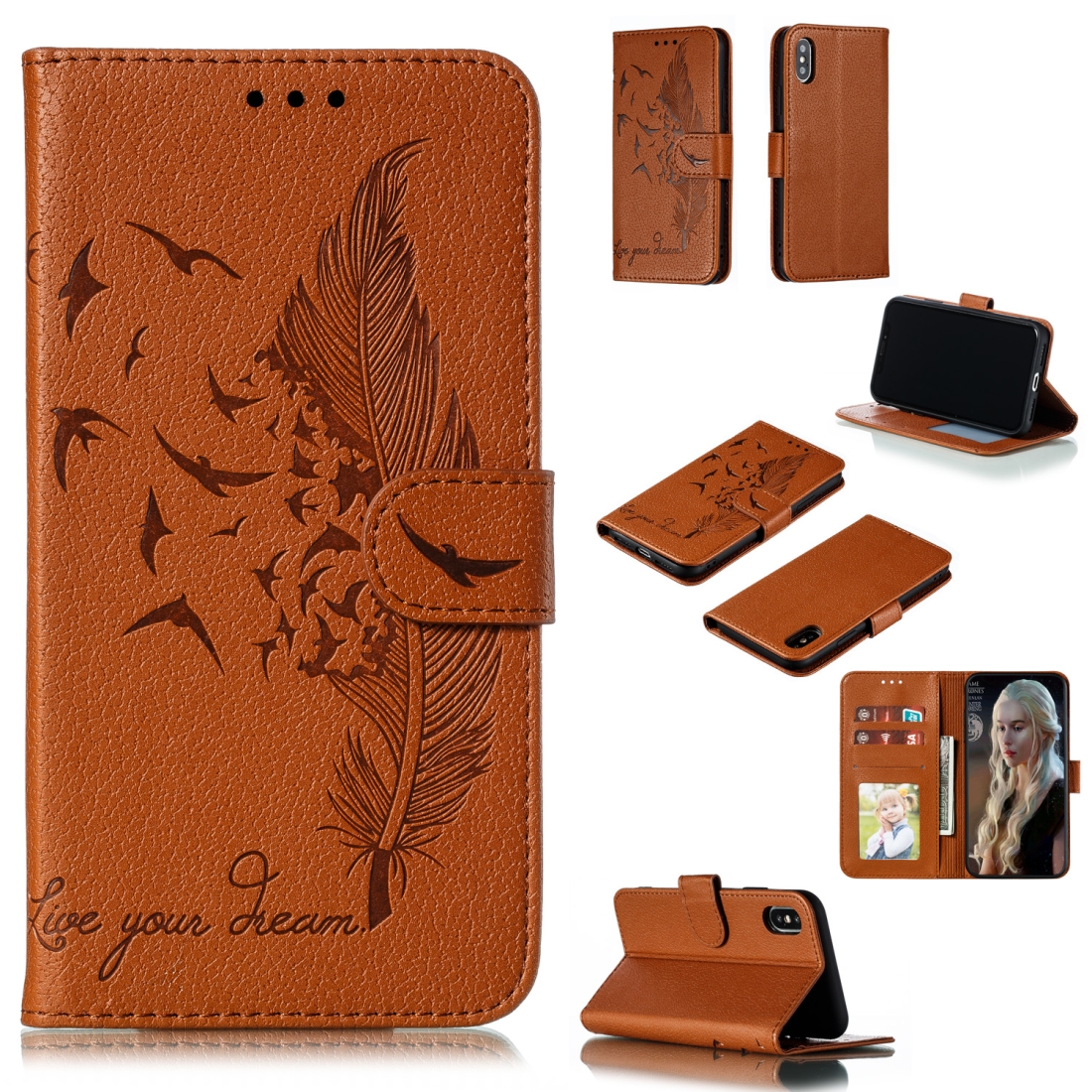 For iPhone X / XS Feather Pattern Litchi Texture Horizontal Flip Leather Case with Wallet & Holder & Card Slots(Brown) - Shopkiz.com