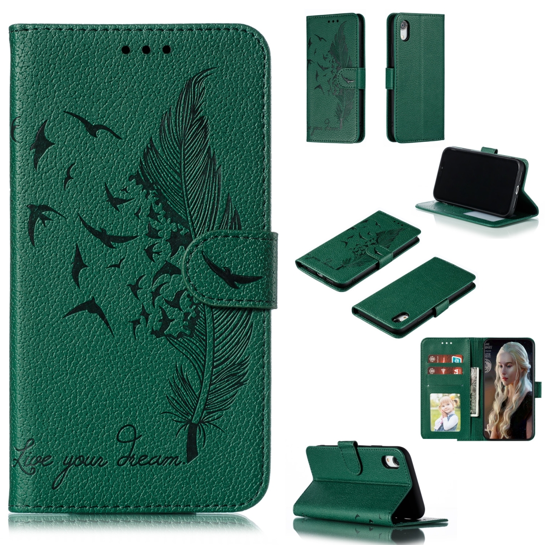 For iPhone XR Feather Pattern Litchi Texture Horizontal Flip Leather Case with Wallet & Holder & Card Slots(Green) - Shopkiz.com
