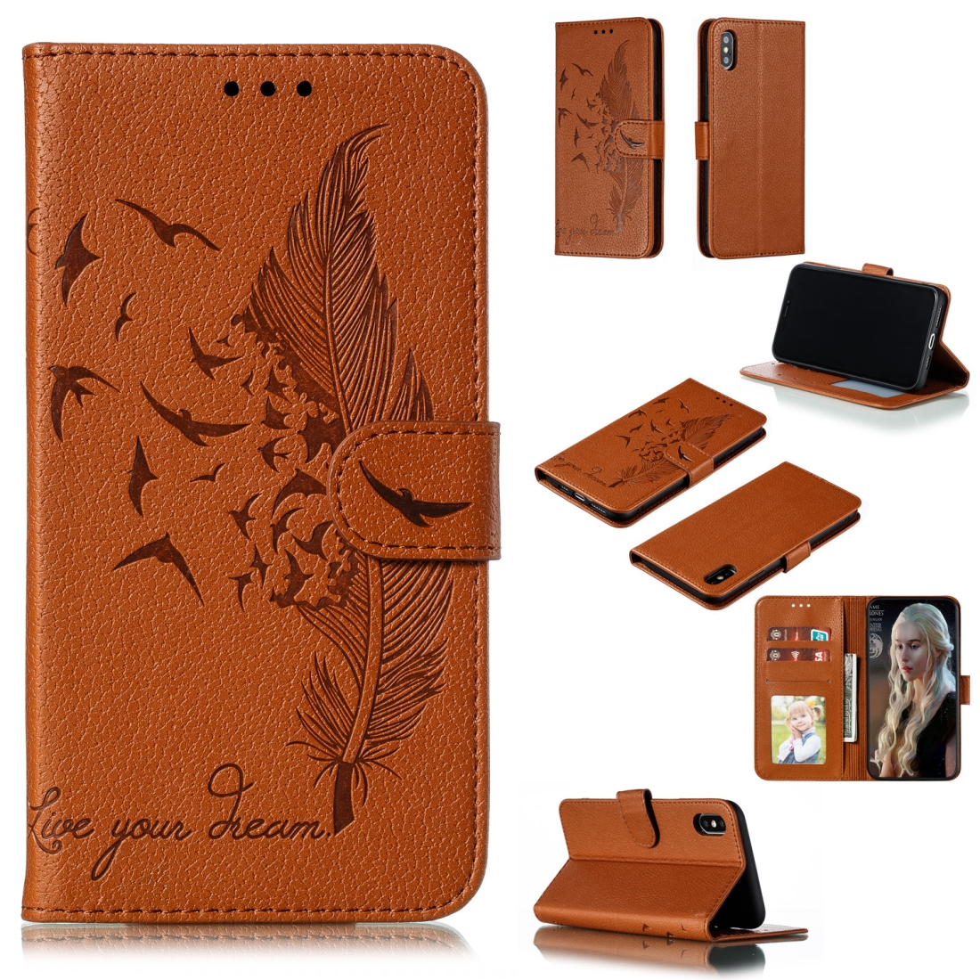 For iPhone XS Max Feather Pattern Litchi Texture Horizontal Flip Leather Case with Wallet & Holder & Card Slots(Brown) - Shopkiz.com