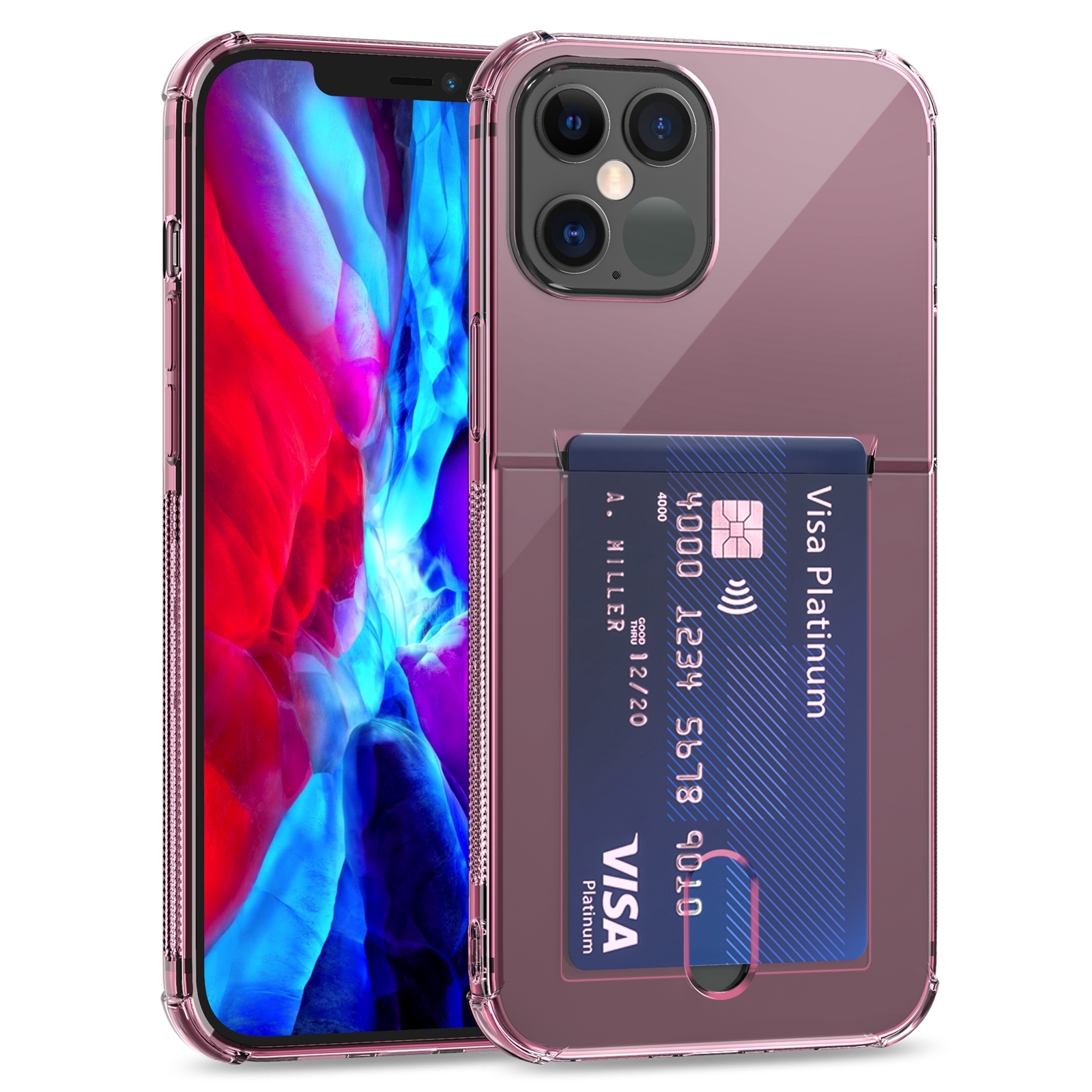 For iPhone 12 Pro TPU Transparent Protective Case with Card Slots(Pink) - Shopkiz.com
