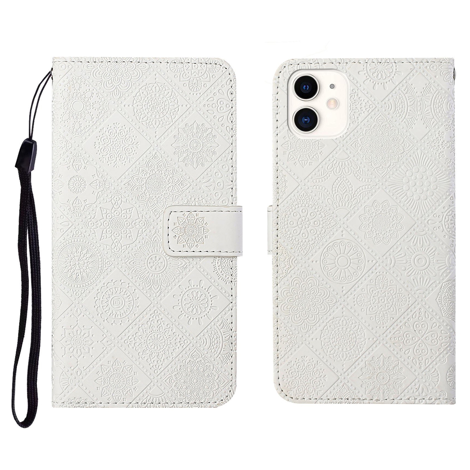 For iPhone 12 Ethnic Style Embossed Pattern Horizontal Flip Leather Case with Holder & Card Slots & Wallet & Lanyard(White) - Shopkiz.com