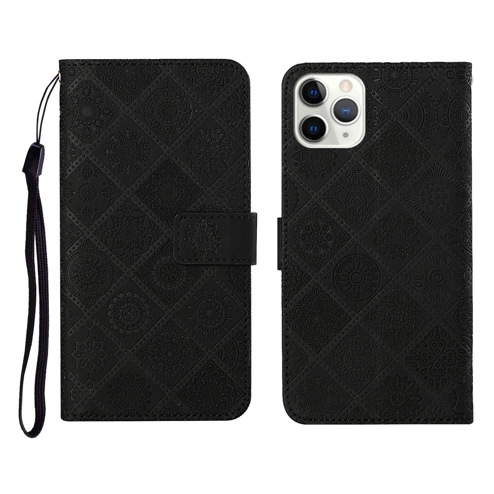 For iPhone 12 Pro Max Ethnic Style Embossed Pattern Horizontal Flip Leather Case with Holder & Card Slots & Wallet & Lanyard(Black) - Shopkiz.com
