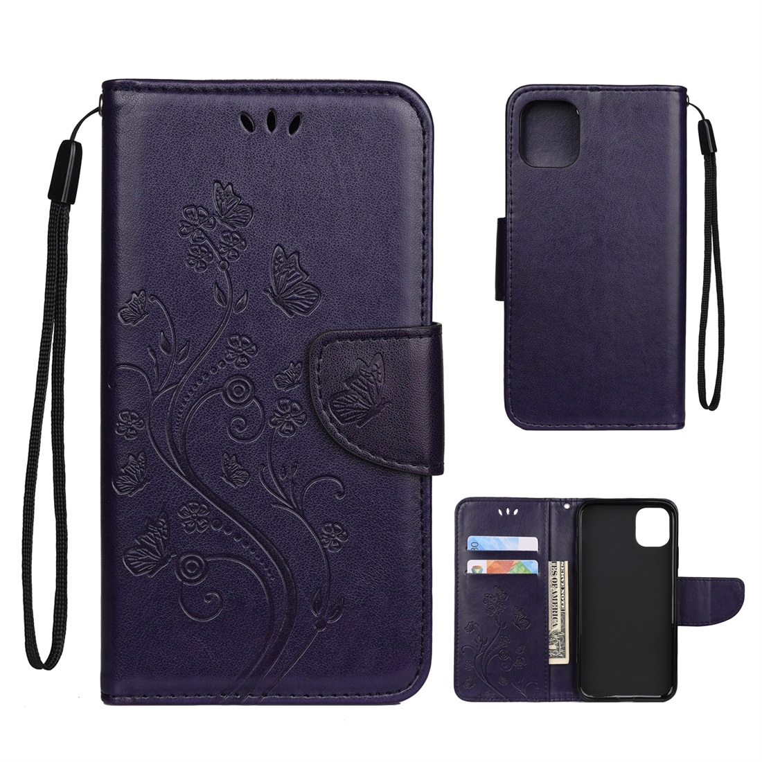 For iPhone 11 Butterfly Flower Pattern Horizontal Flip Leather Case with Holder & Card Slots & Wallet(Deep Purple) - Shopkiz.com